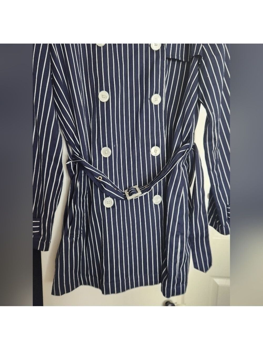 NEW LAUREN RALPH LAUREN NAVY/WHITE PINSTRIPE TRENCH SZ XL - Picture 11 of 12